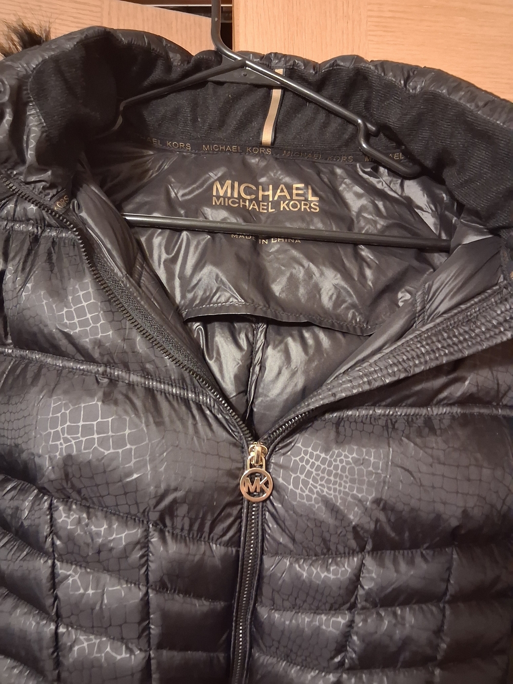 MICHAEL Michael Kors Black Quilted Puffer Jacket with Subtle Croc Print